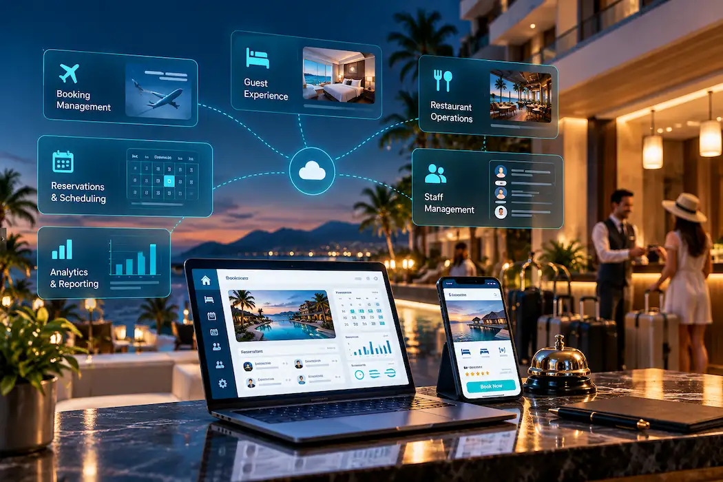 Hospitality software solutions for improving hotel operations, booking management, guest experience, and operational efficiency